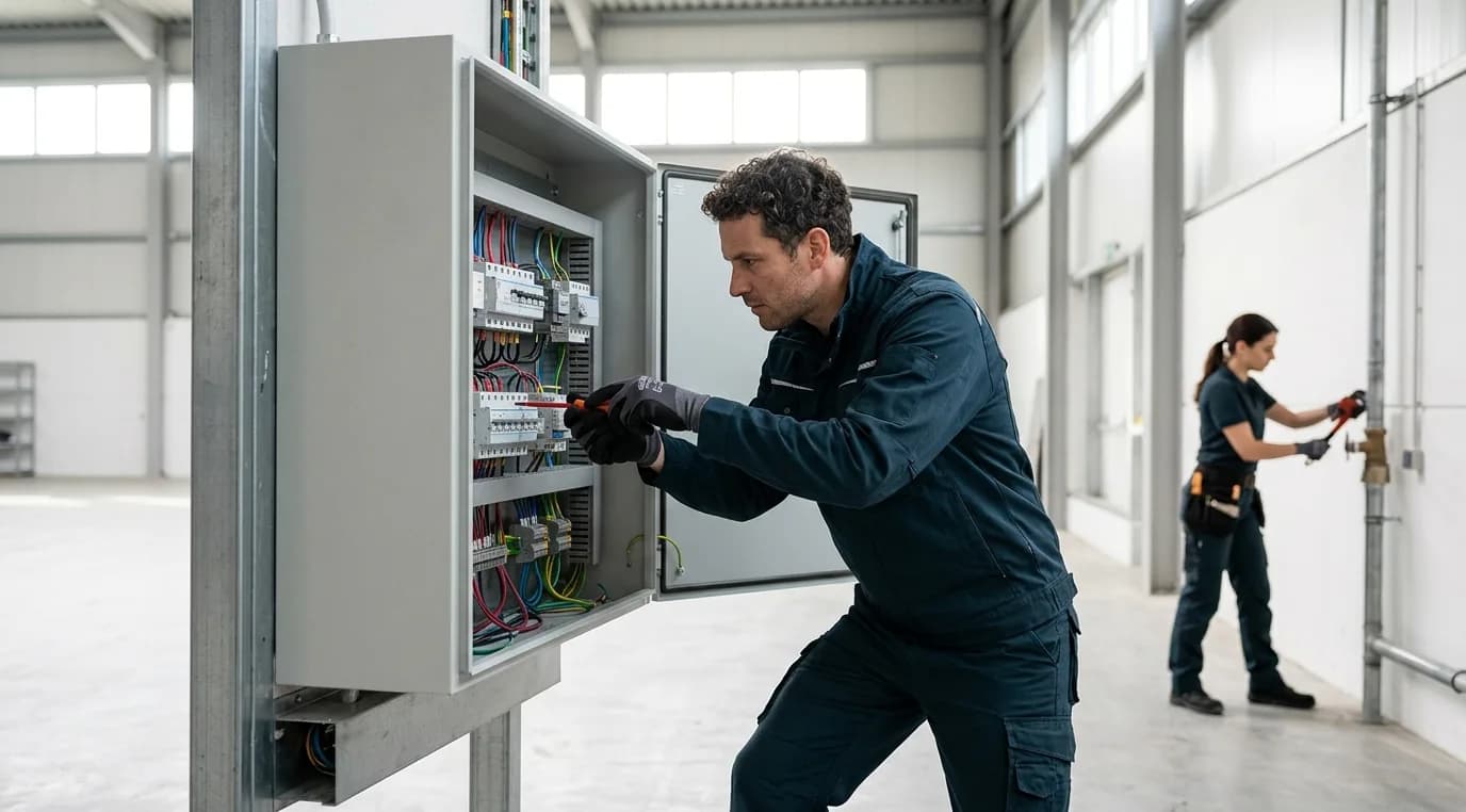 An electrician repairs an electrical panel in a warehouse while a plumber checks the pipes in the background